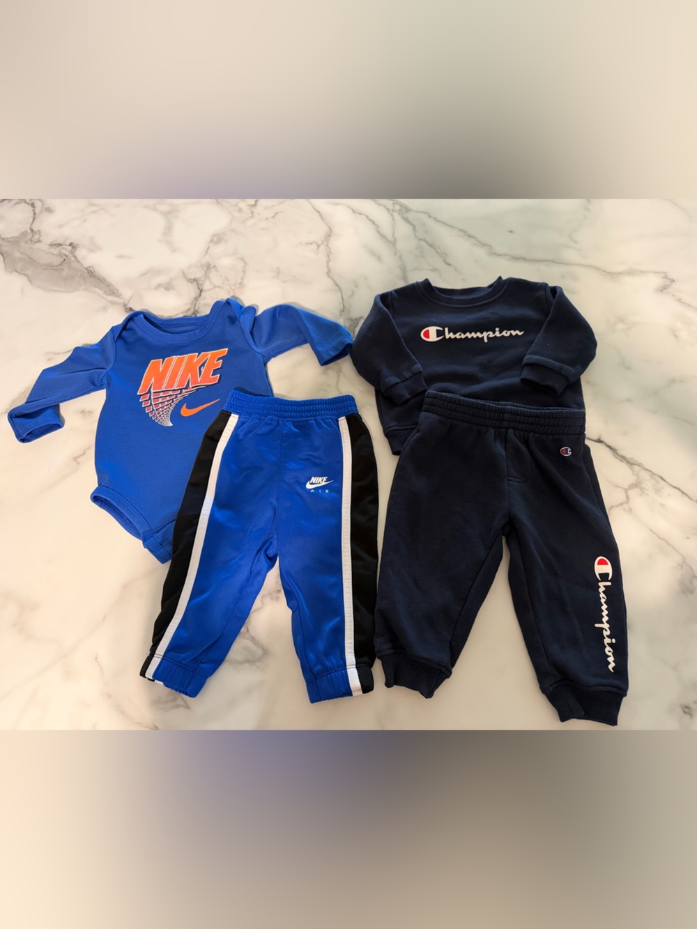 Nike Onesie & Pants + Champion Sweatshirt Set - Blue & Navy 9 Months